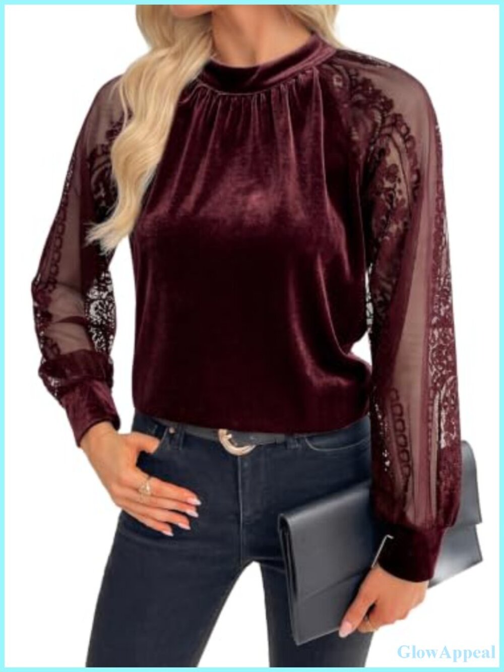 Velvet Blouse Lace Long Sleeve Mock Neck Dressy Casual Top